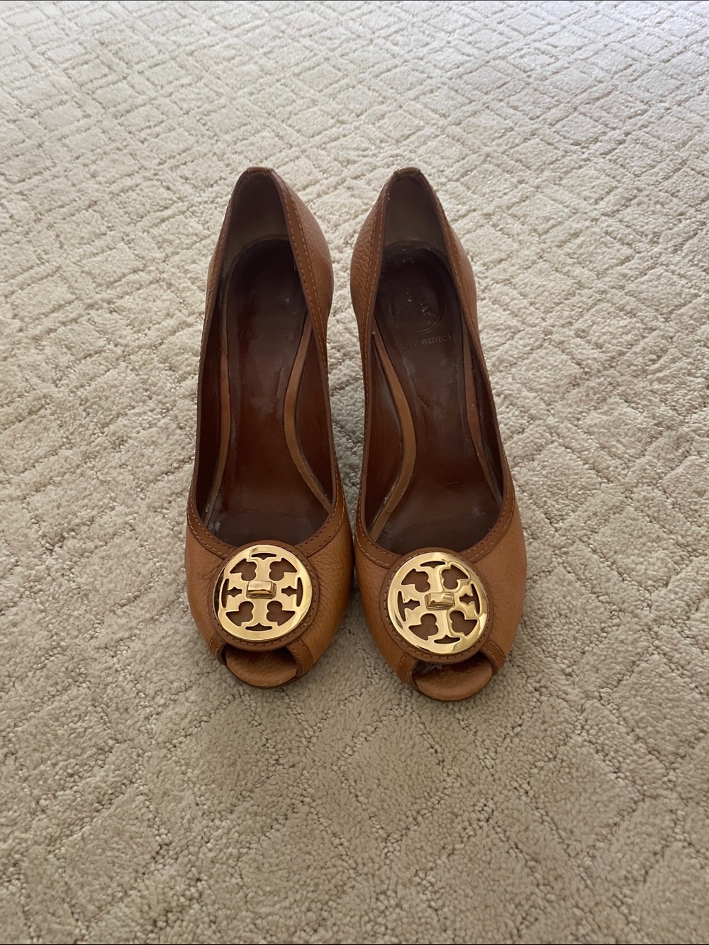 Tory Burch Brown Leather Peep-Toe Heels with Gold Logo Medallion
